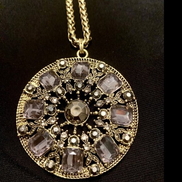 Purple Glass Medallion Large Pendant Long Statement Necklace 36” - Picture 3 of 5